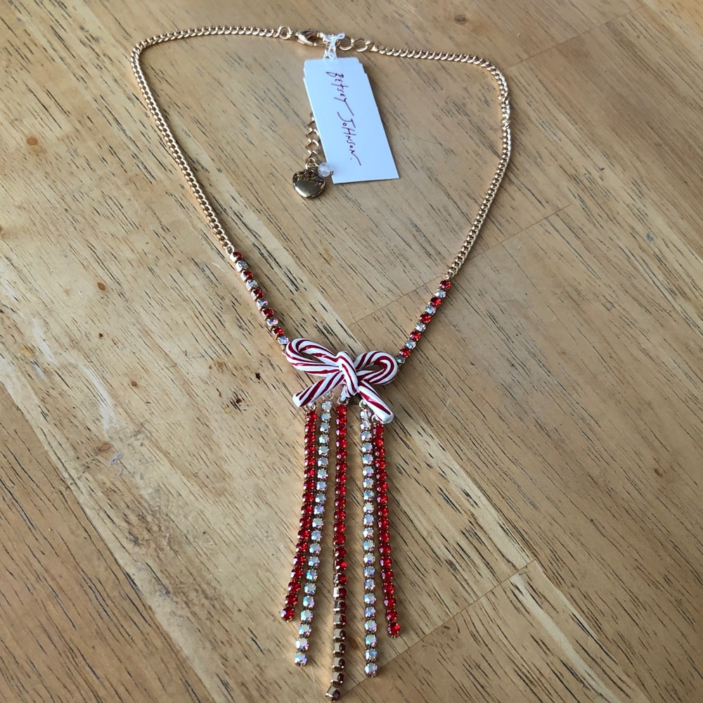 Betsey Johnson Gold Tone Candy Cane Bow Pendant Necklace Crystal Fringe NWT